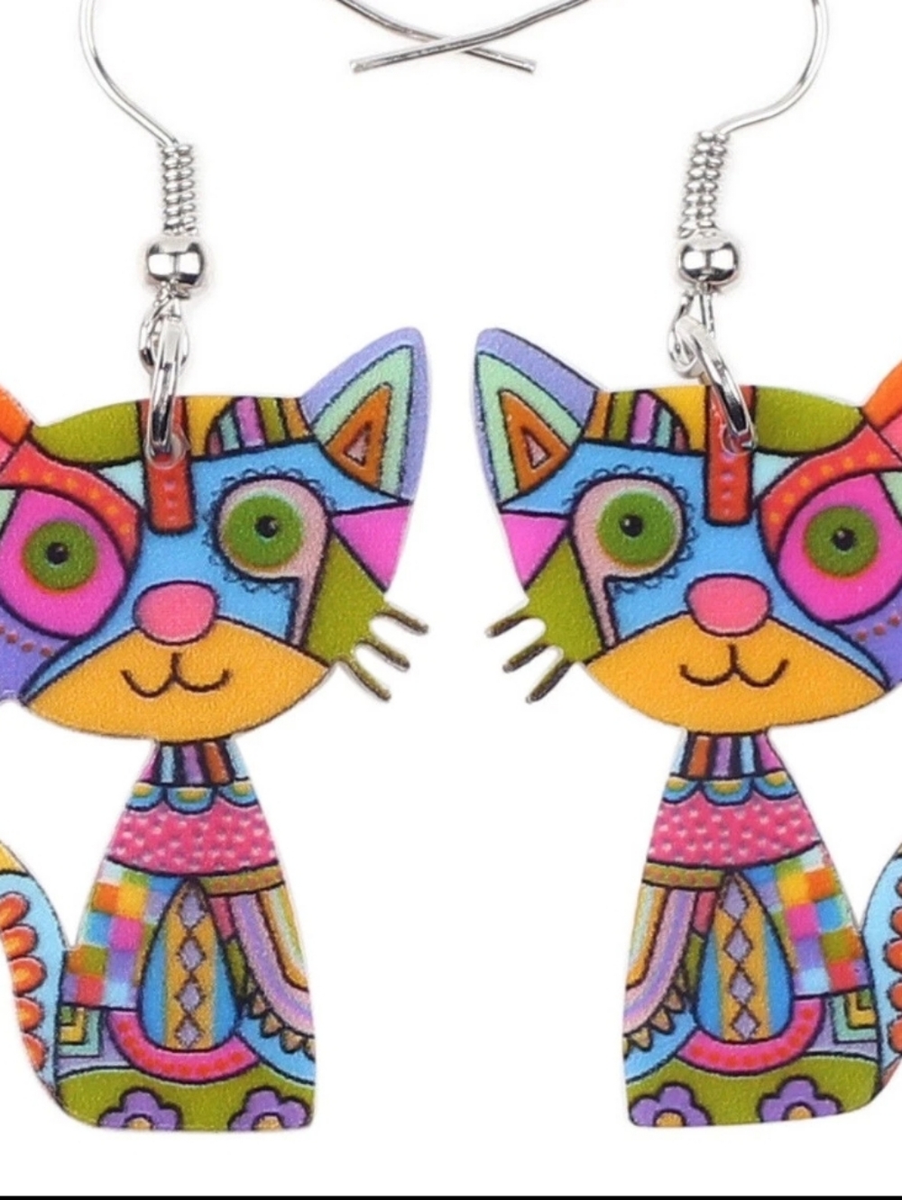Whimsical Multicolor Cat Dangle Earrings - Picture 3 of 7